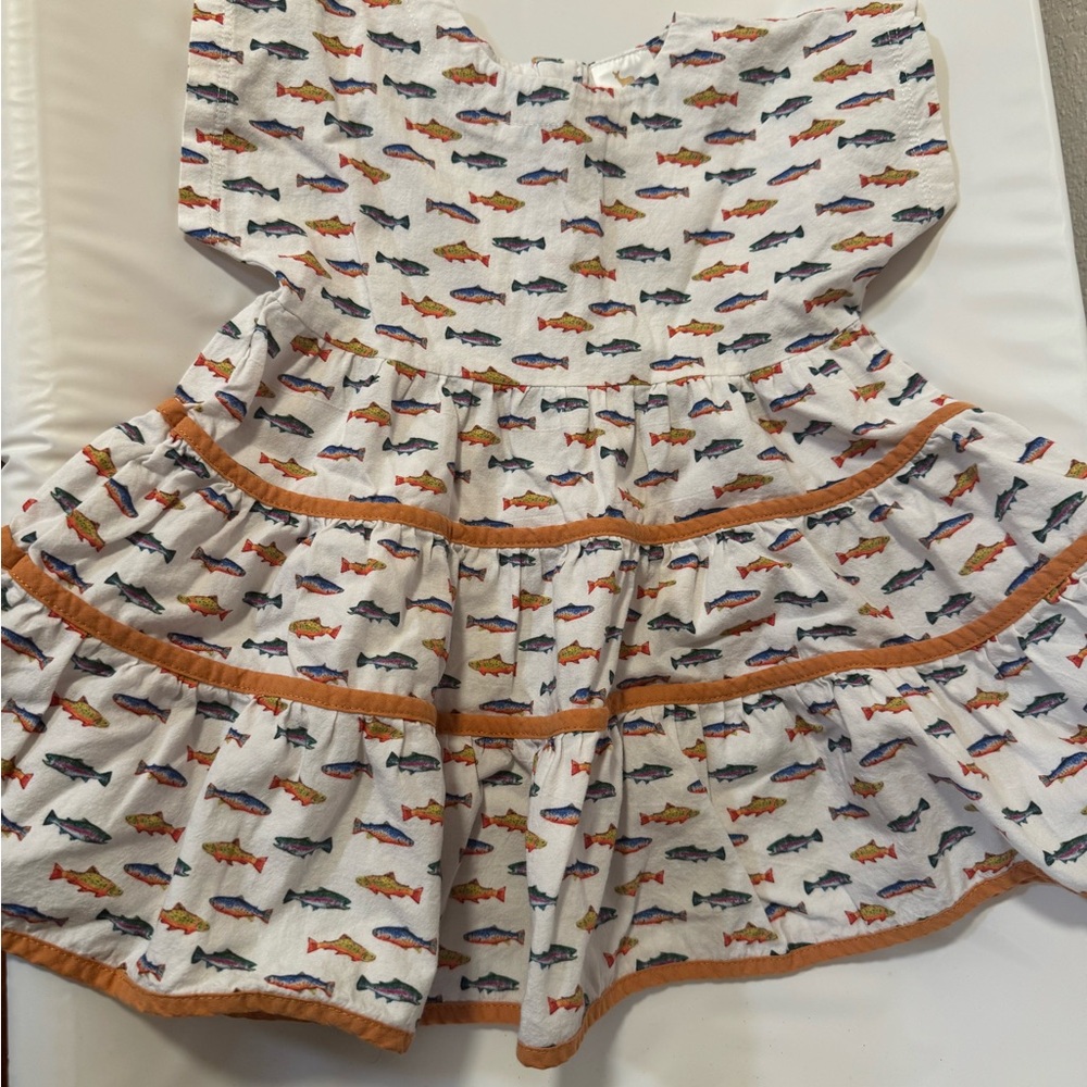 Velvet Kids Dress with Fish Print and Orange Accents
